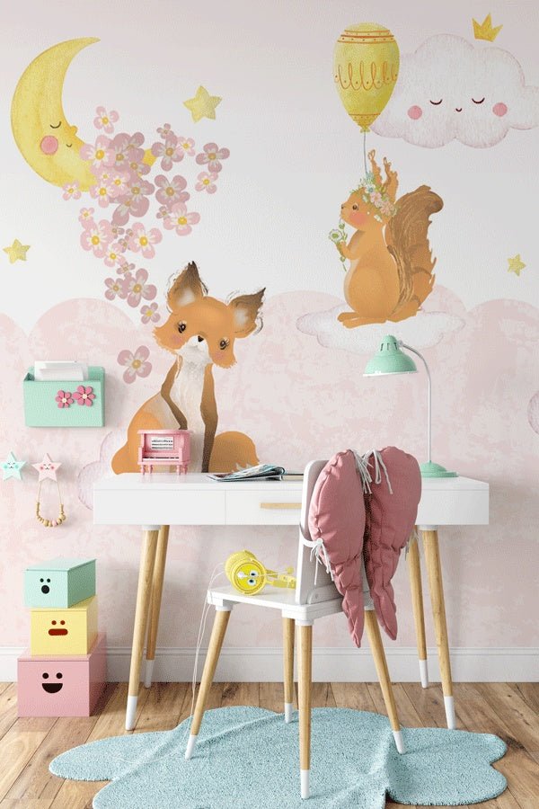 Papier peint chambre bébé animaux rose nuage - Muralconceptpapier_peint_sur_mesure