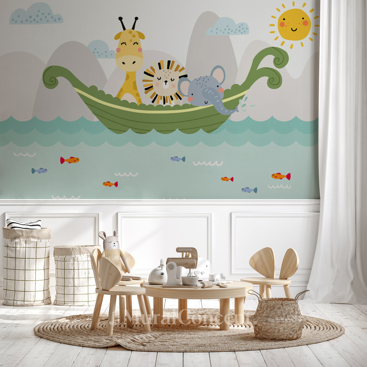 Papel pintado para habitación de bebé con animales de barco