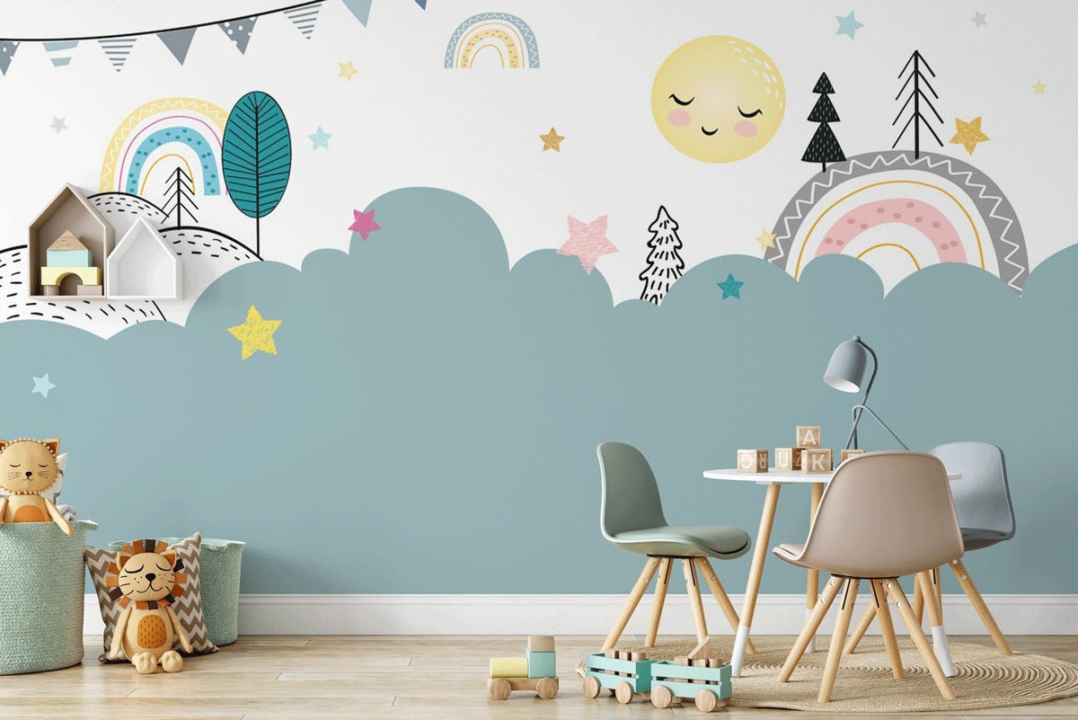 Papel pintado para habitación de bebé en tonos azules y dulces