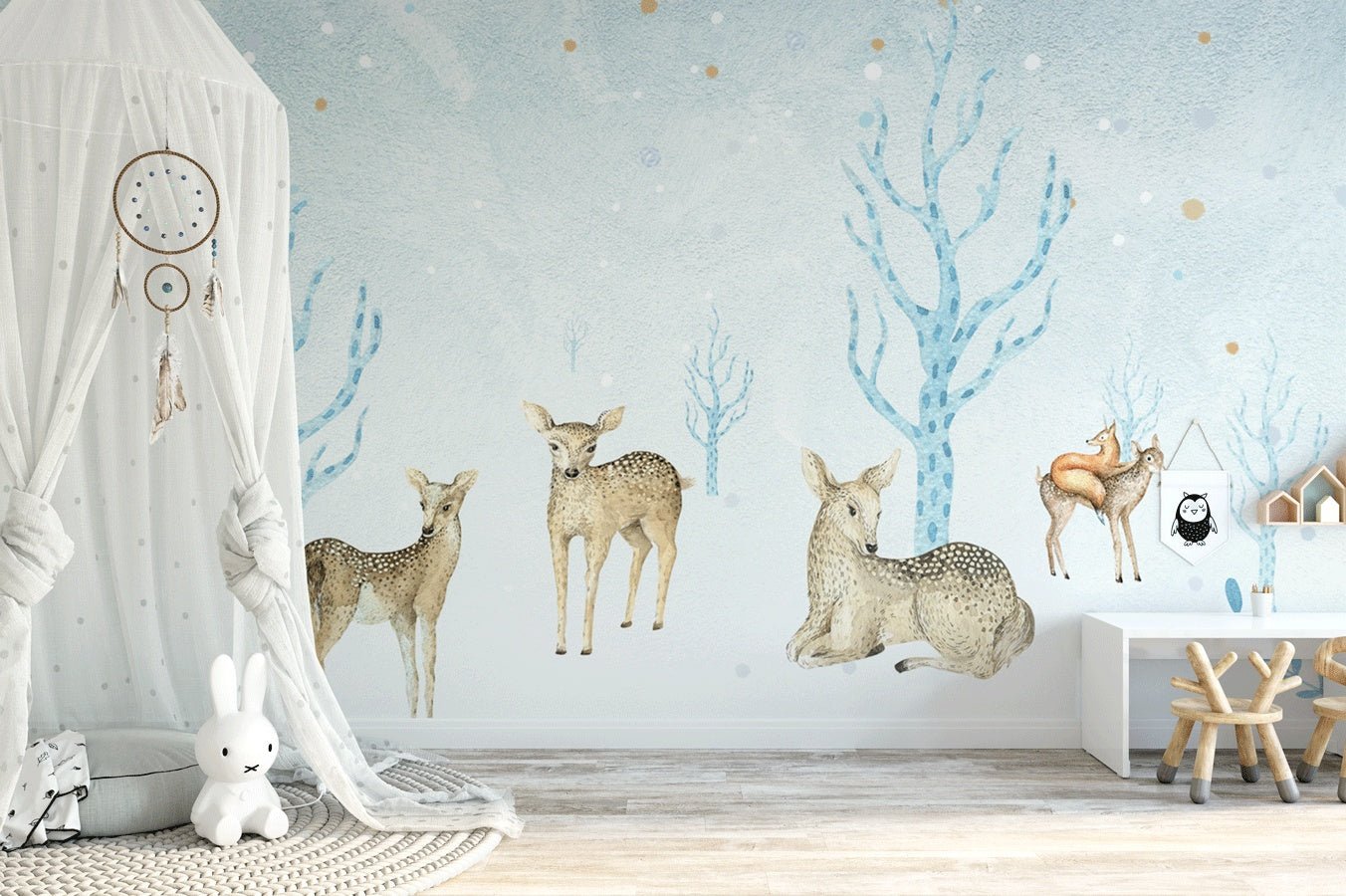 Papier peint chambre bébé bleu forêt et daims - Muralconceptpapier_peint_sur_mesure