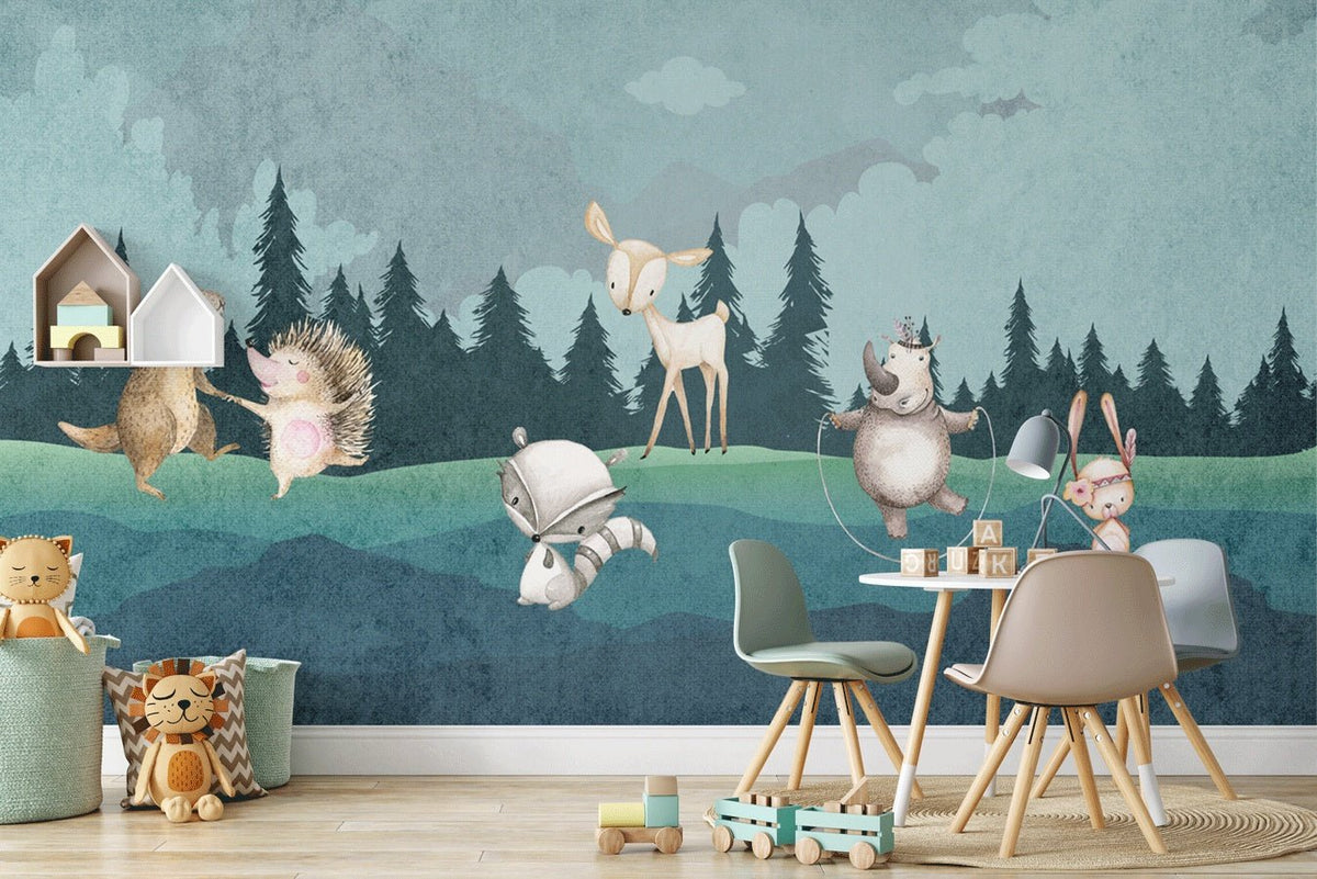 Papel pintado para dormitorio infantil animales en el bosque