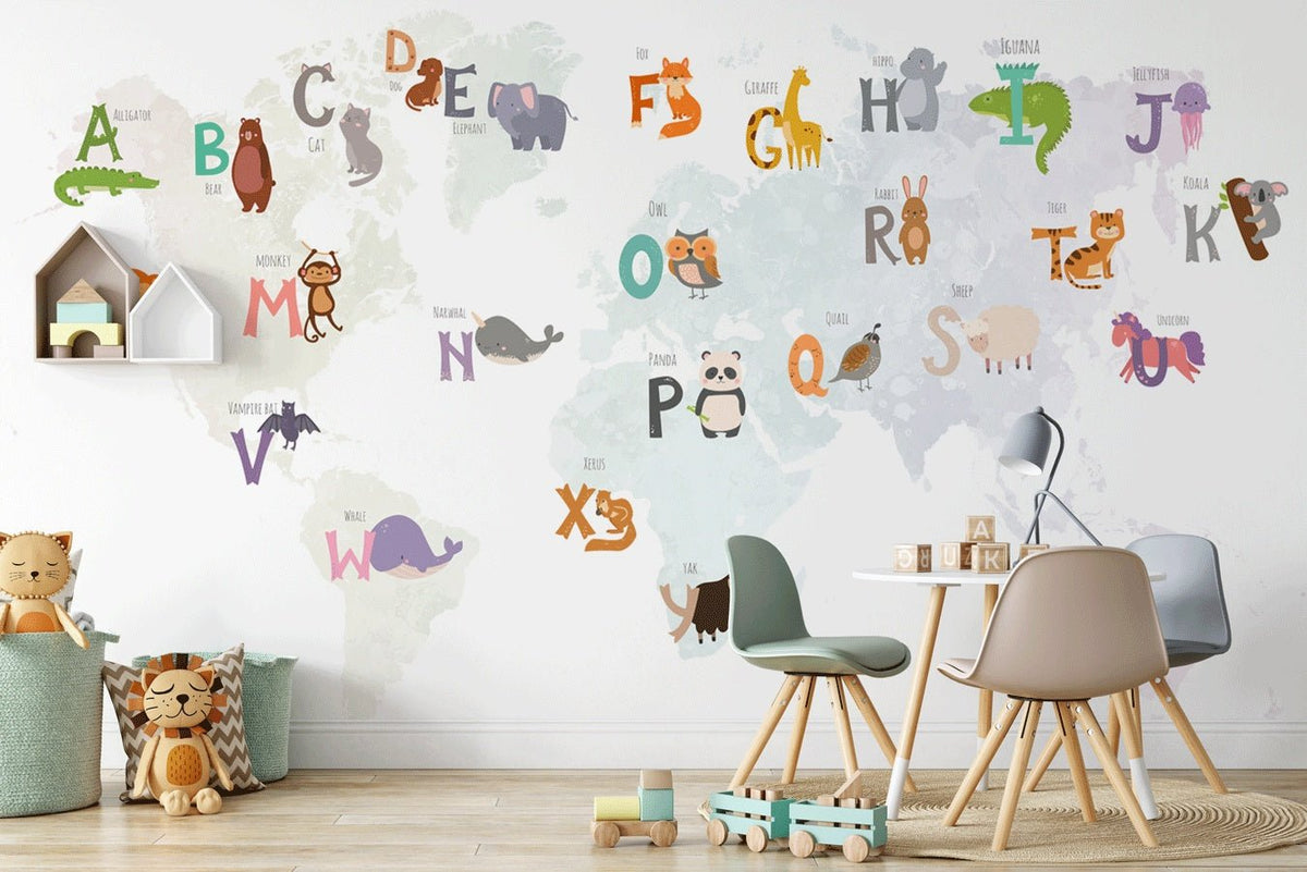 Papel pintado educativo para habitación infantil con mapa del mundo