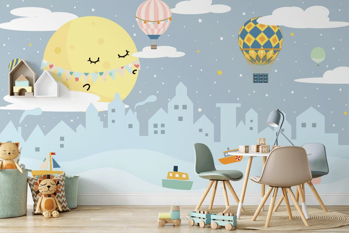 Papel pintado para dormitorio infantil dulce luna en la ciudad