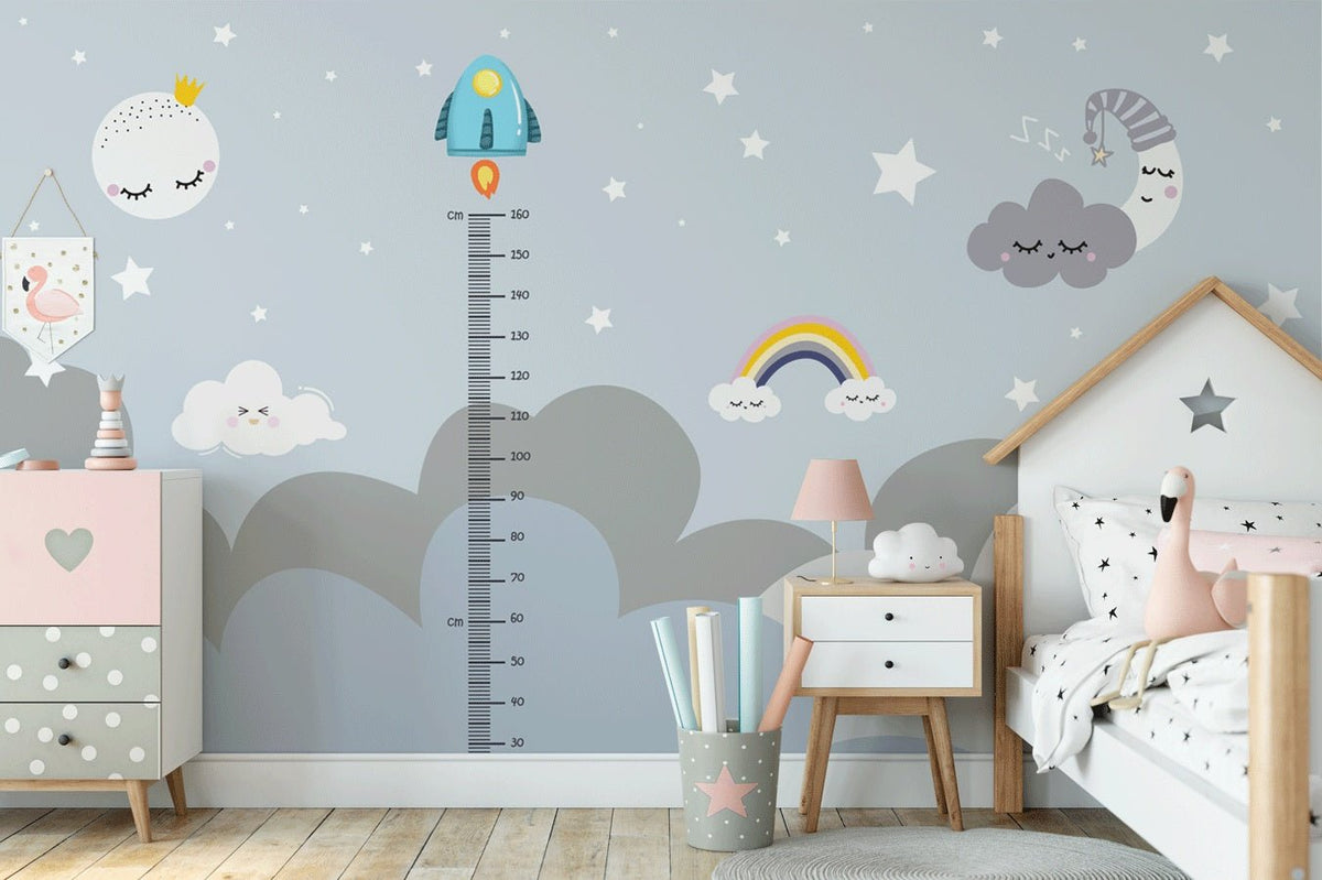 Papel pintado para dormitorio infantil con gráfico de altura de nubes