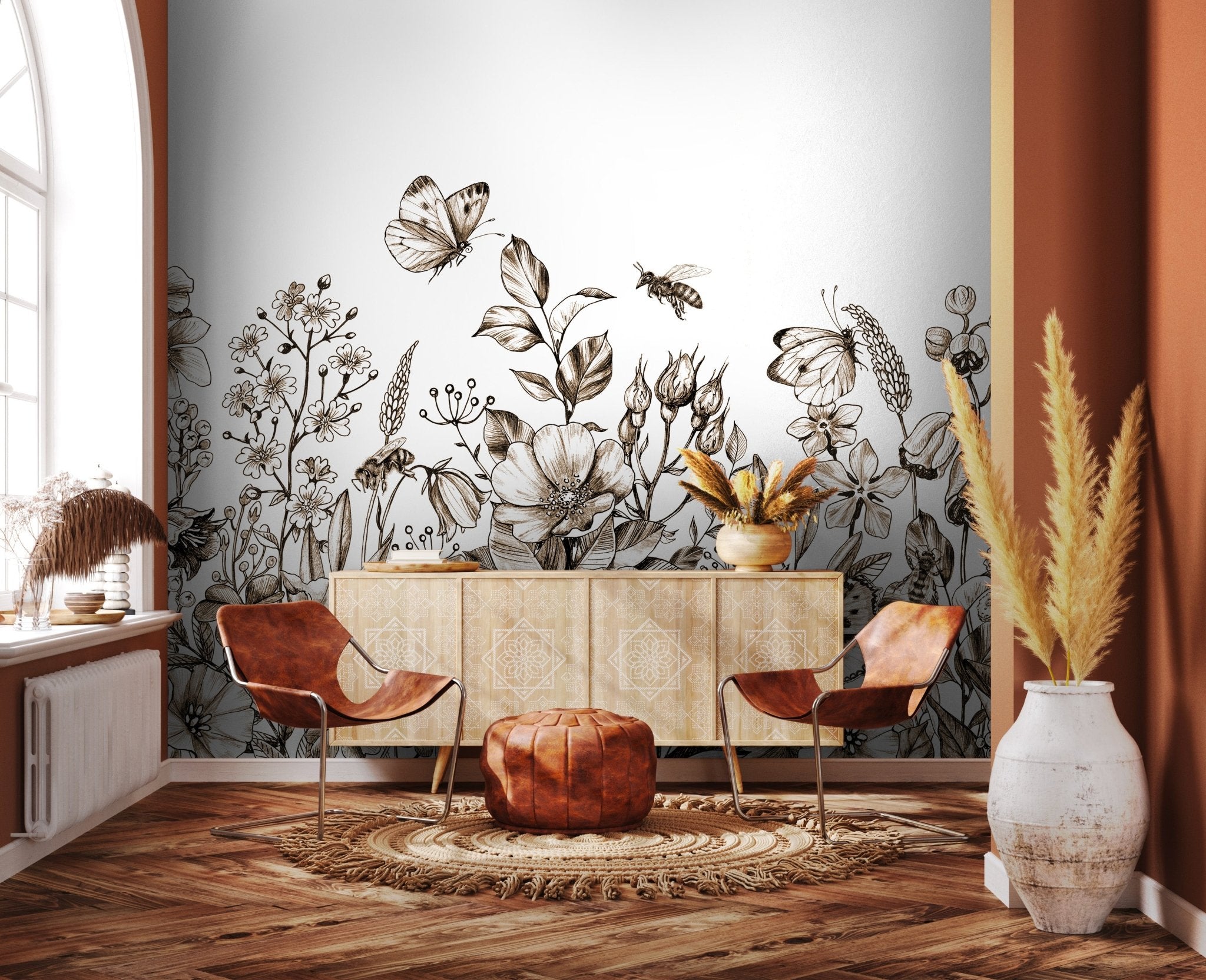 Papier peint champêtre fleur sépia - panoramique français