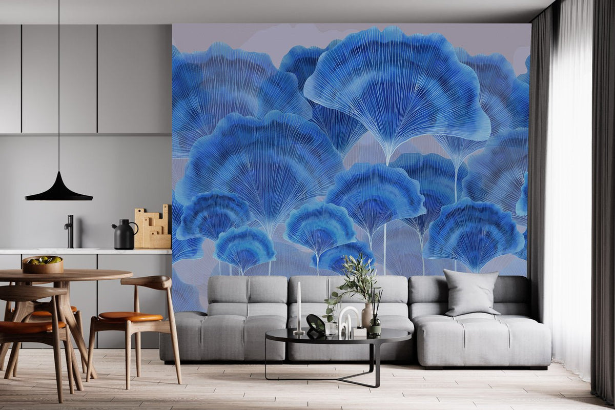 Papel pintado contemporáneo de ginkgo zen azul 