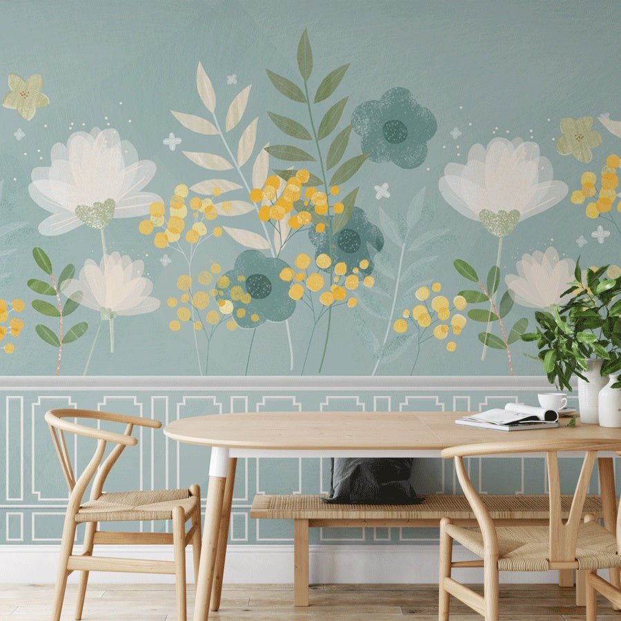 Papel pintado de cocina verde agua y floral primaveral