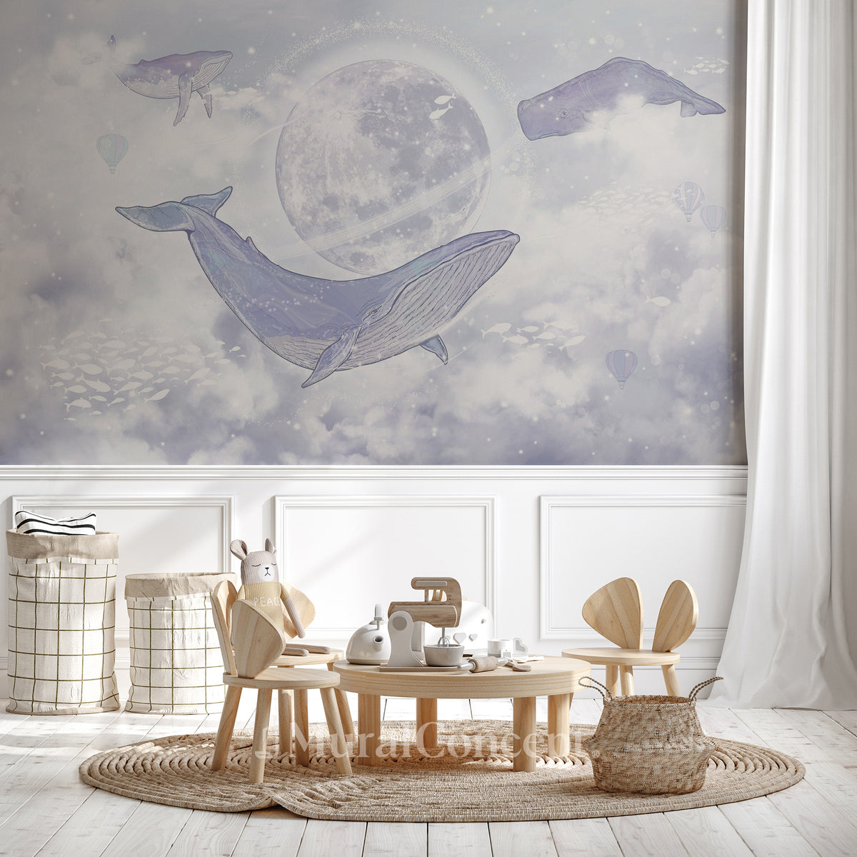 Papel pintado infantil ballenas celestiales