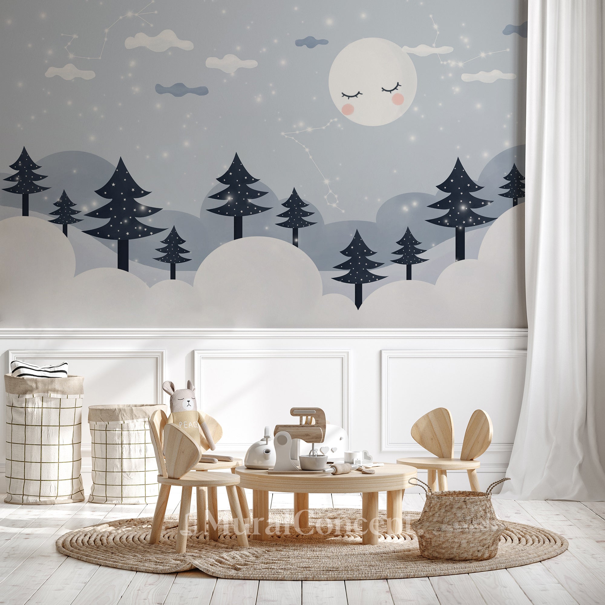 Papier peint enfant sapins enneigés - décor mural sur mesure français
