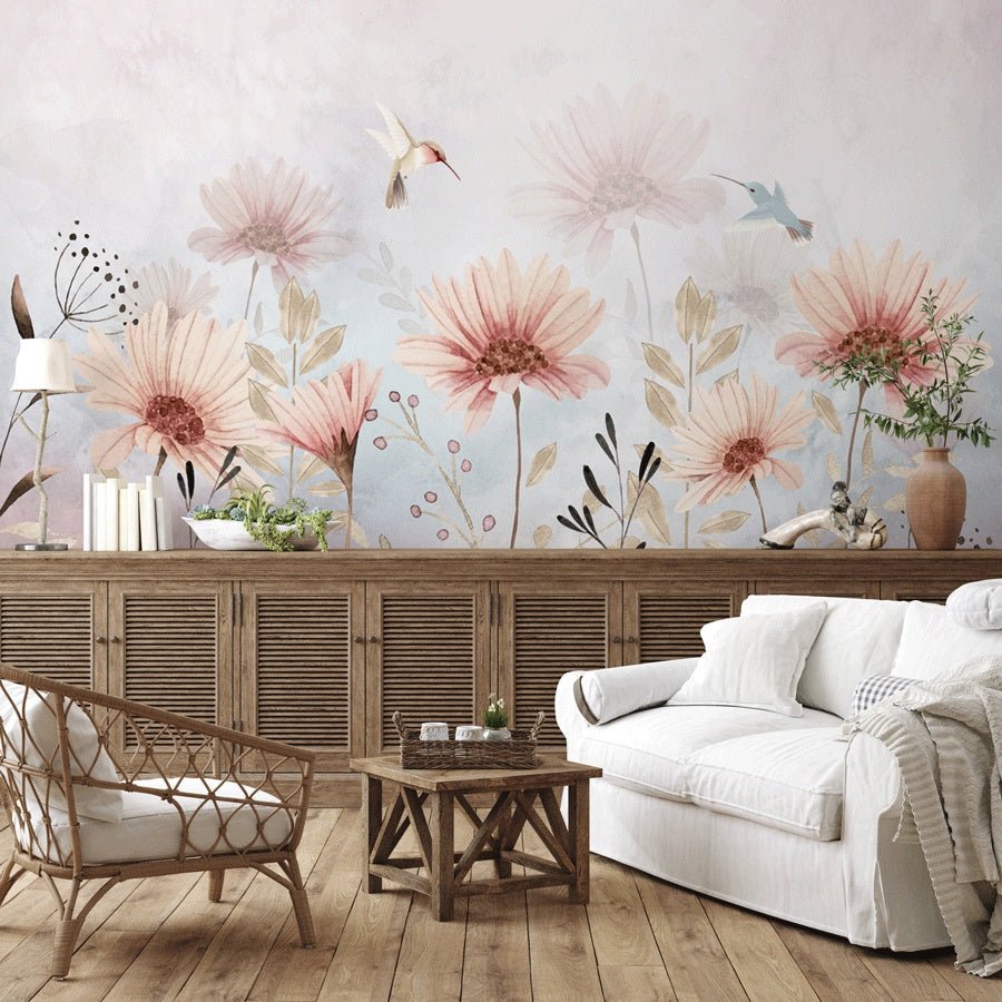 Papier peint fleurs bucoliques & colibri - Muralconceptpapier_peint_sur_mesure