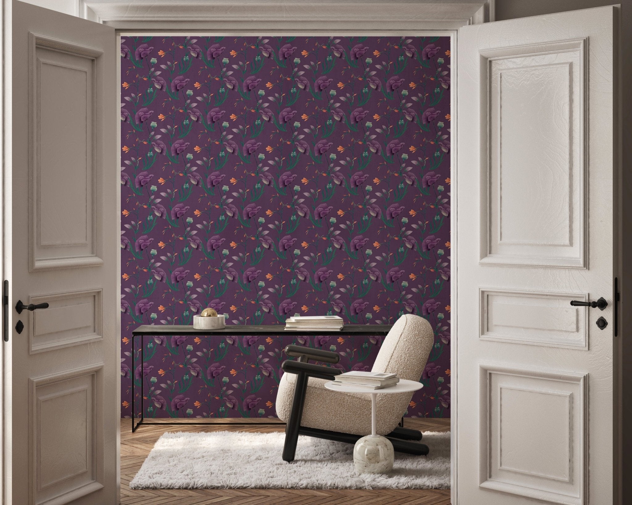 Papier peint floral purple, mural concept, tendance