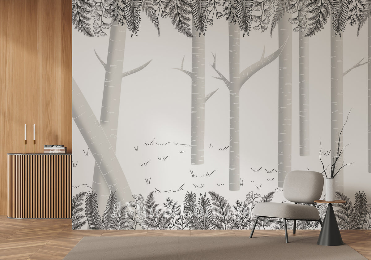 Papel pintado de bosque de abedul gris