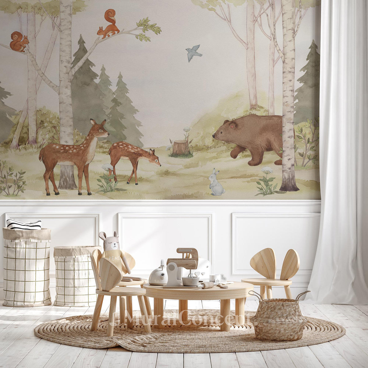 Papel pintado de bosque encantado para habitación infantil