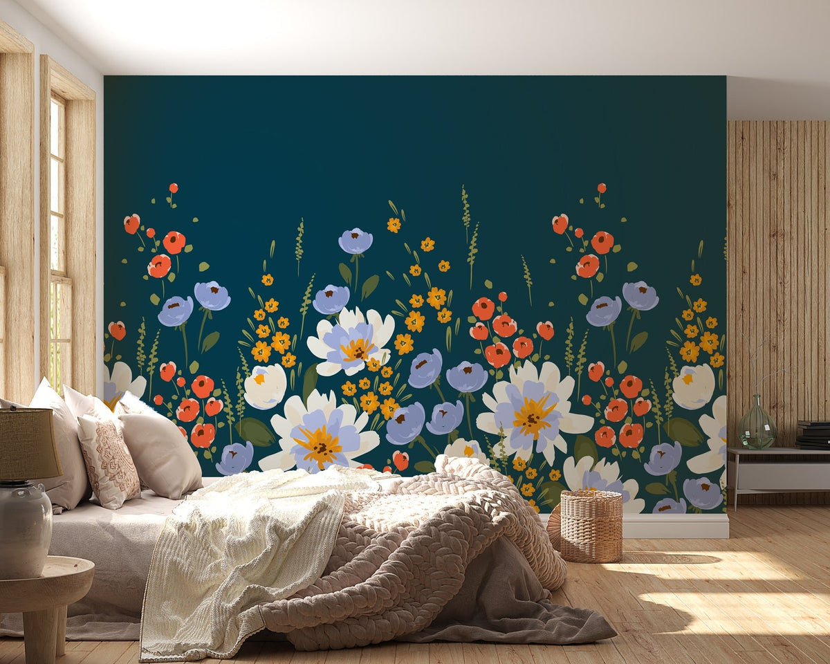 Papel pintado panorámico floral de terciopelo azul