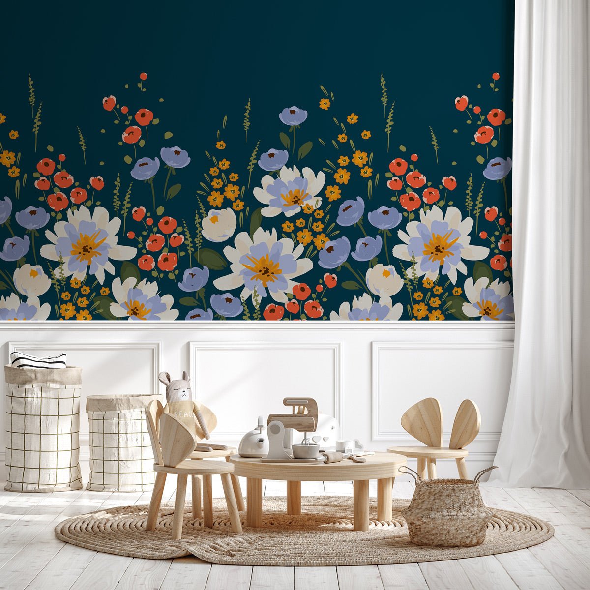 Papier peint panoramique bleu velours floral - panoramique français