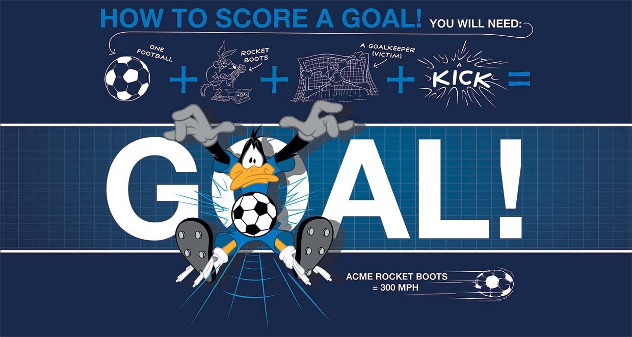 Papier peint panoramique looney tunes cartoon daffy duck masterclass football goal - papier peint sur mesure francais - muralconcept