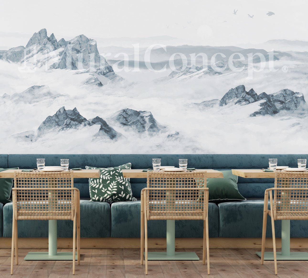 Papier peint restaurant montagne bleu - panoramique français