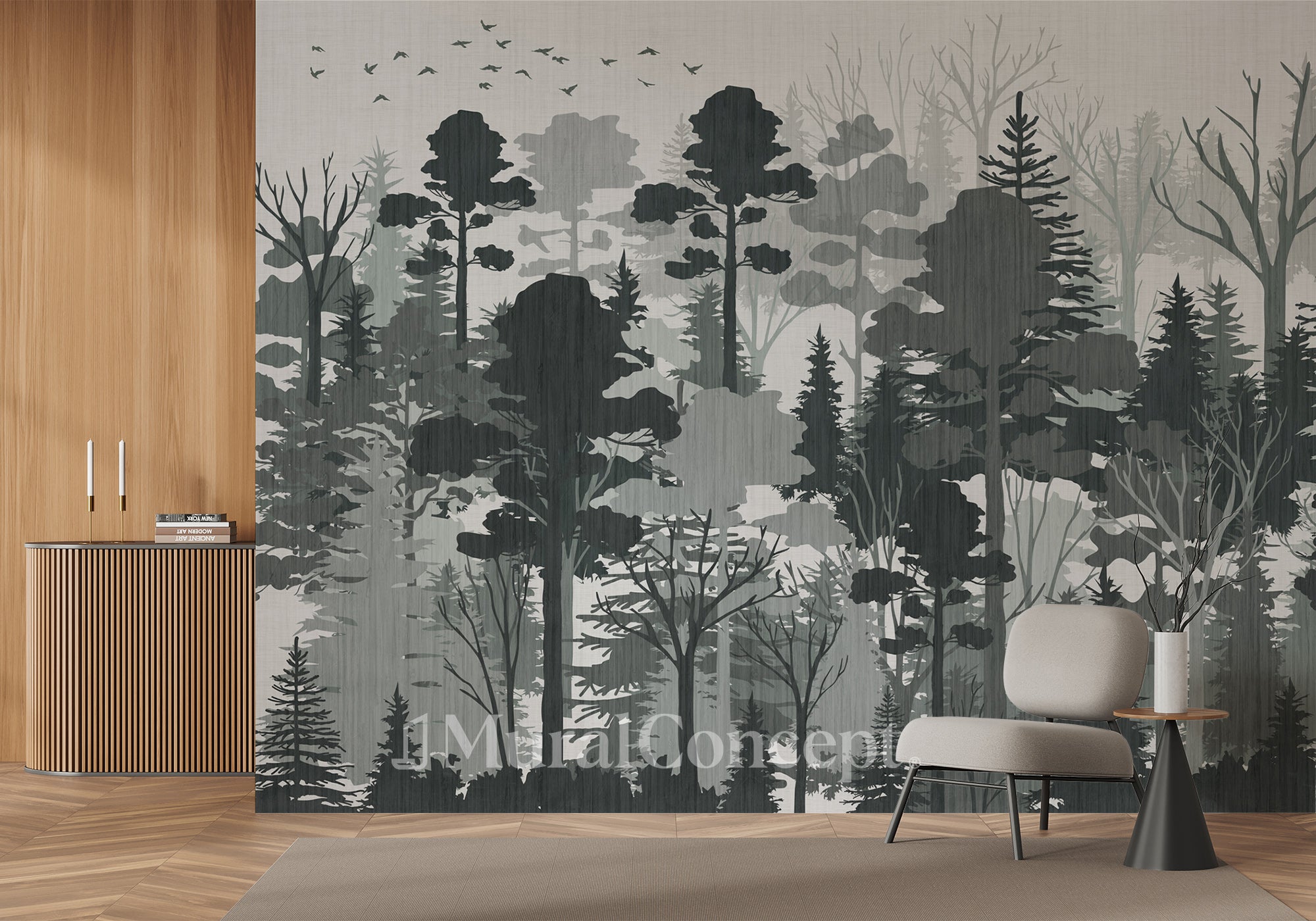 Papier peint panoramique nature forêt Noir et Blanc - panoramique français