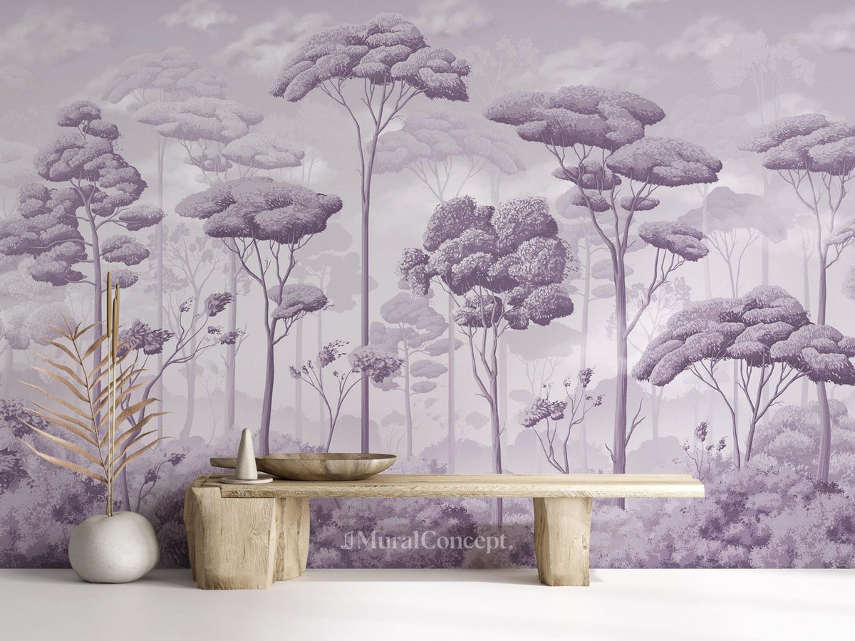 Papel pintado panorámico Violeta voluptuoso bosque de pinos