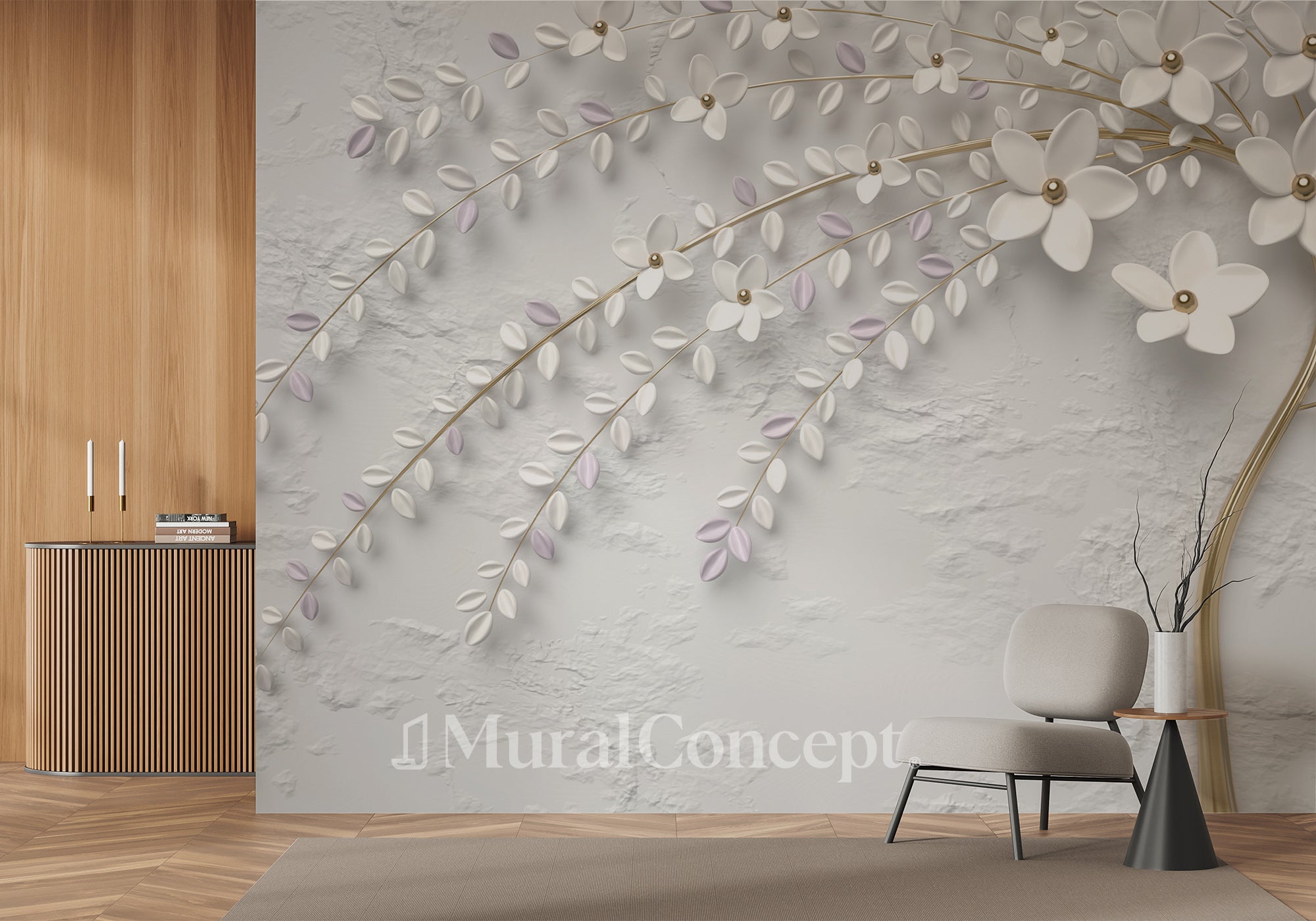 Papier peint panoramique trompe l'oeil arbre fleuri 3D - panoramique français