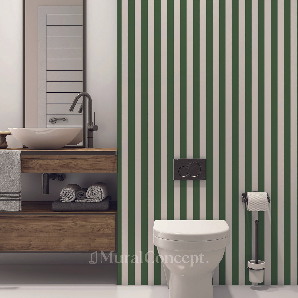 Papel pintado para baño con rayas retro de color verde jungla