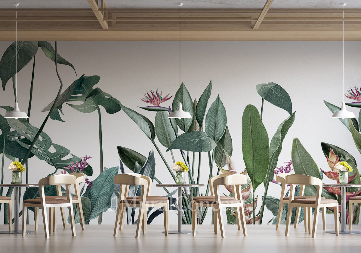 Fondo de pantalla de restaurante con plantas tropicales