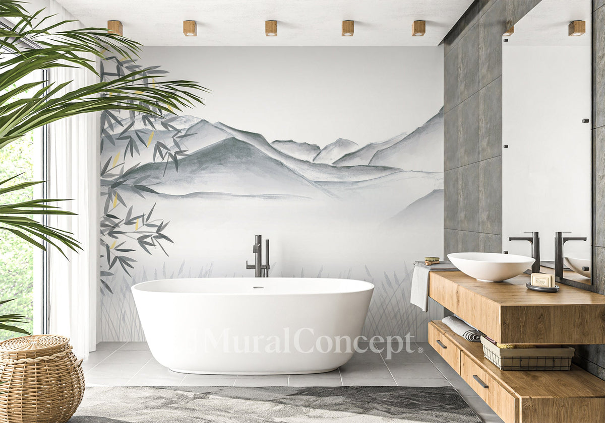 Papel pintado baño artístico Annecy entre lago y montañas gris