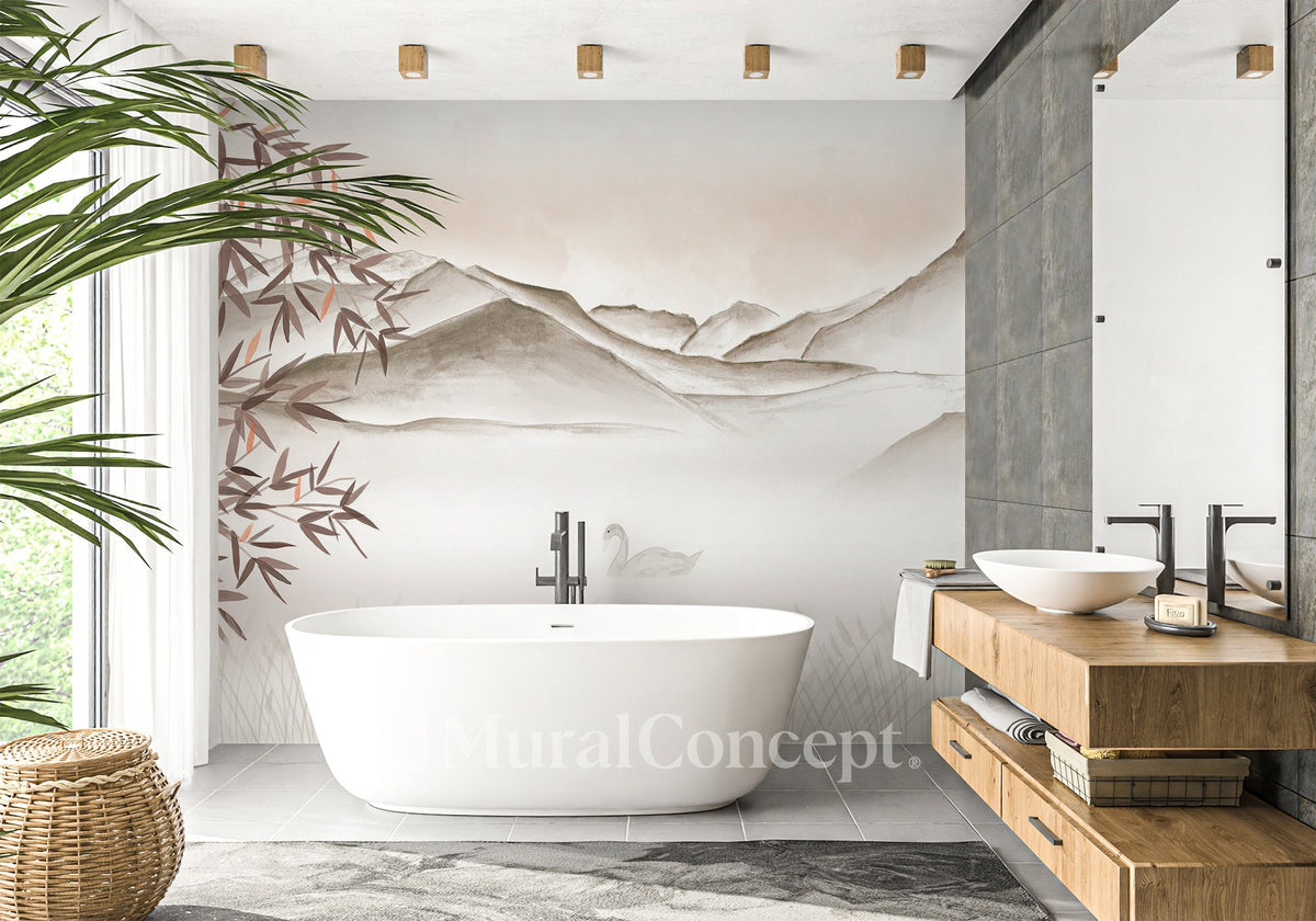 Papel pintado baño artístico Annecy entre lago y montañas terracota