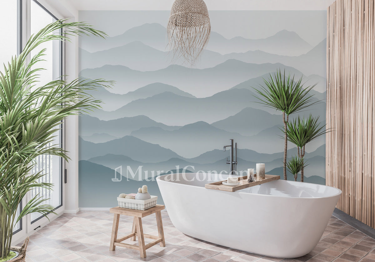 Papel pintado baño picos azul místico