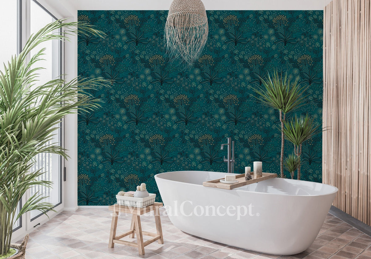 Papel pintado para cuarto de baño esencia vegetal azul pato