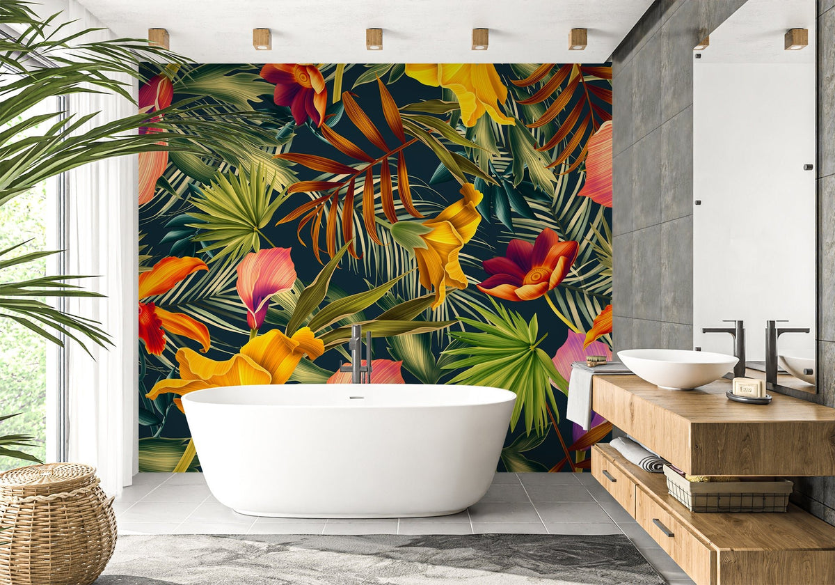 Papel pintado baño naranja tropical