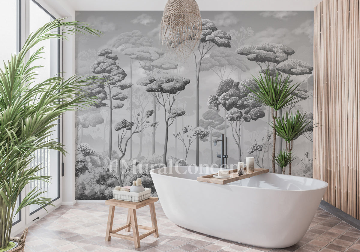 Papel pintado para baño con bosque de pinos en blanco y negro