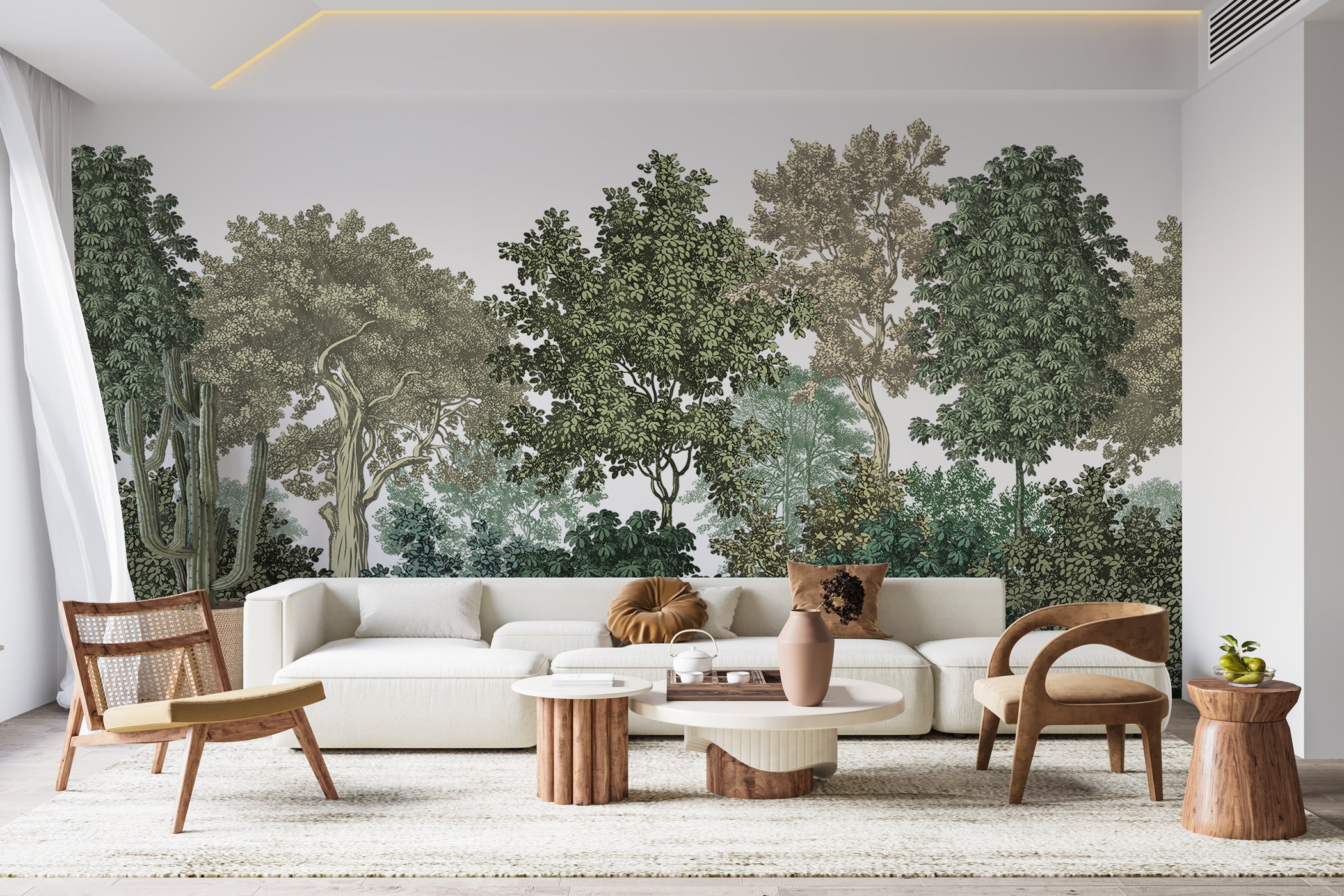 Papier peint paysage forêt gravure - panoramique français