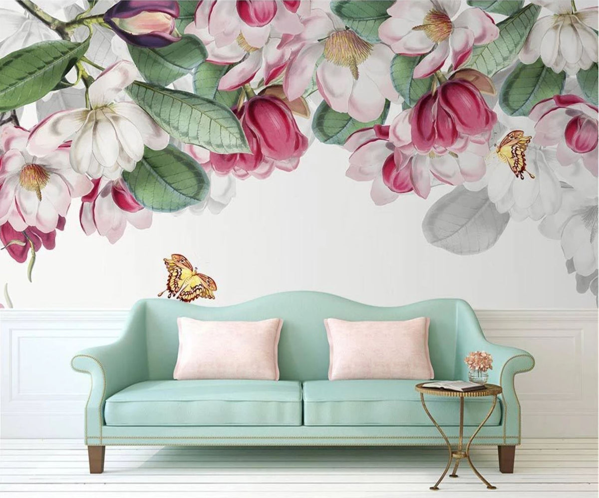 Papel pintado moderno con motivos florales de magnolia