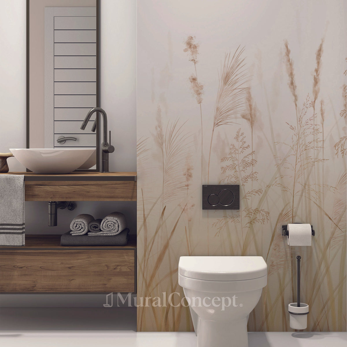 Papel pintado para el baño con flores de campo de trigo beige