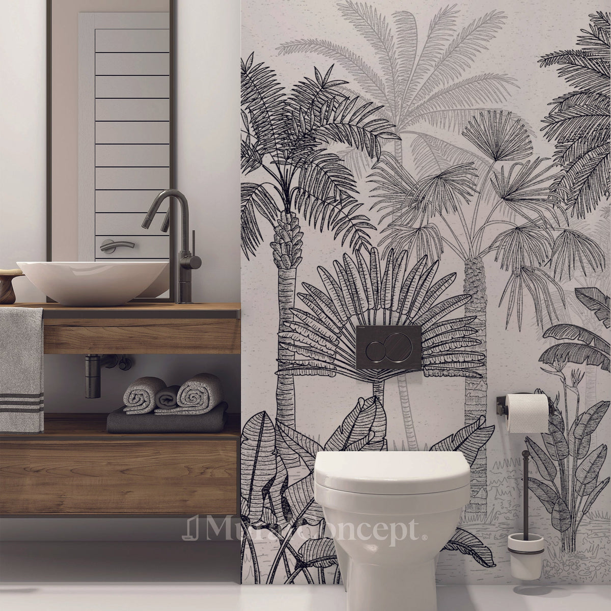 Papel pintado para baño con grabado de cocotero de jungla de moda