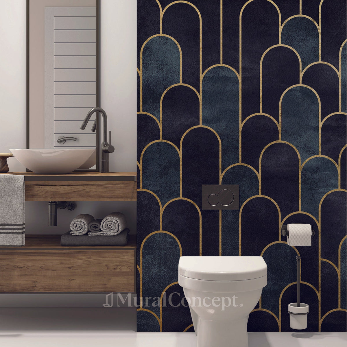 Papel pintado elegante para el baño en color azul oscuro