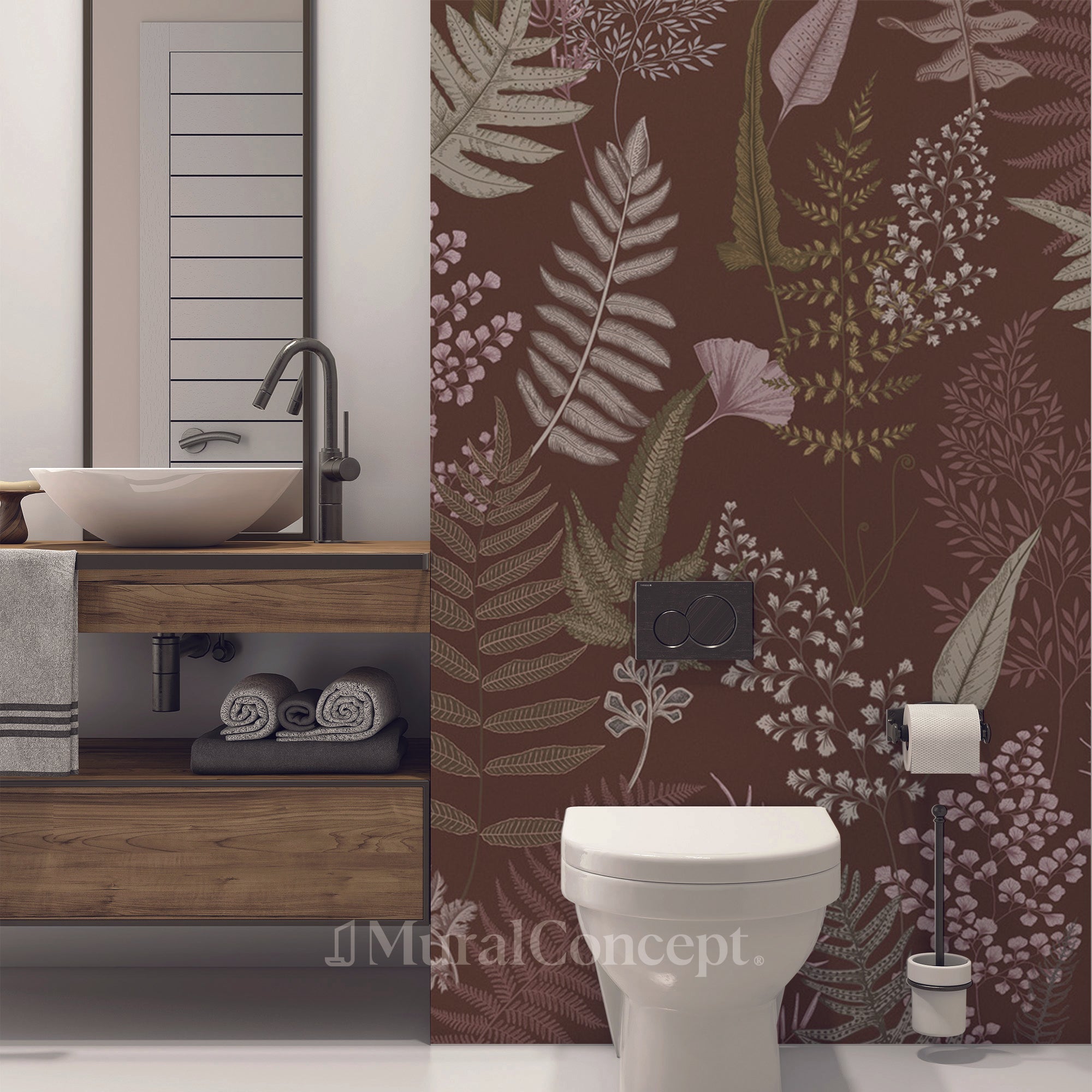 Papier peint toilette dense feuille terracotta - panoramique sur mesure francais - muralconcept