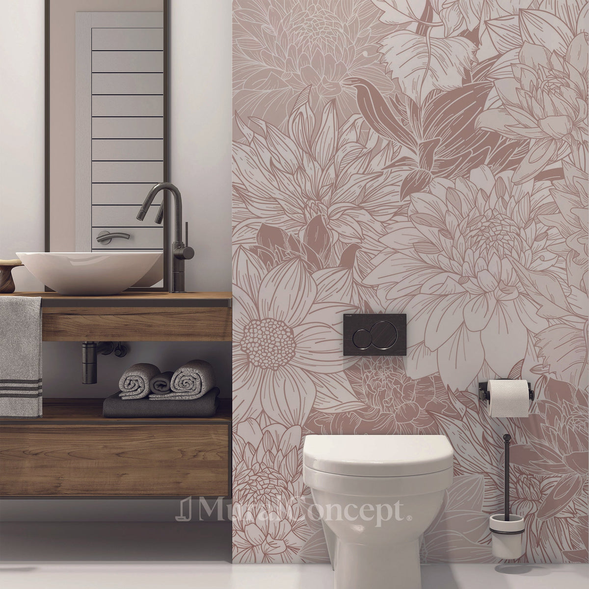 Papel pintado para baño con flores de dalia