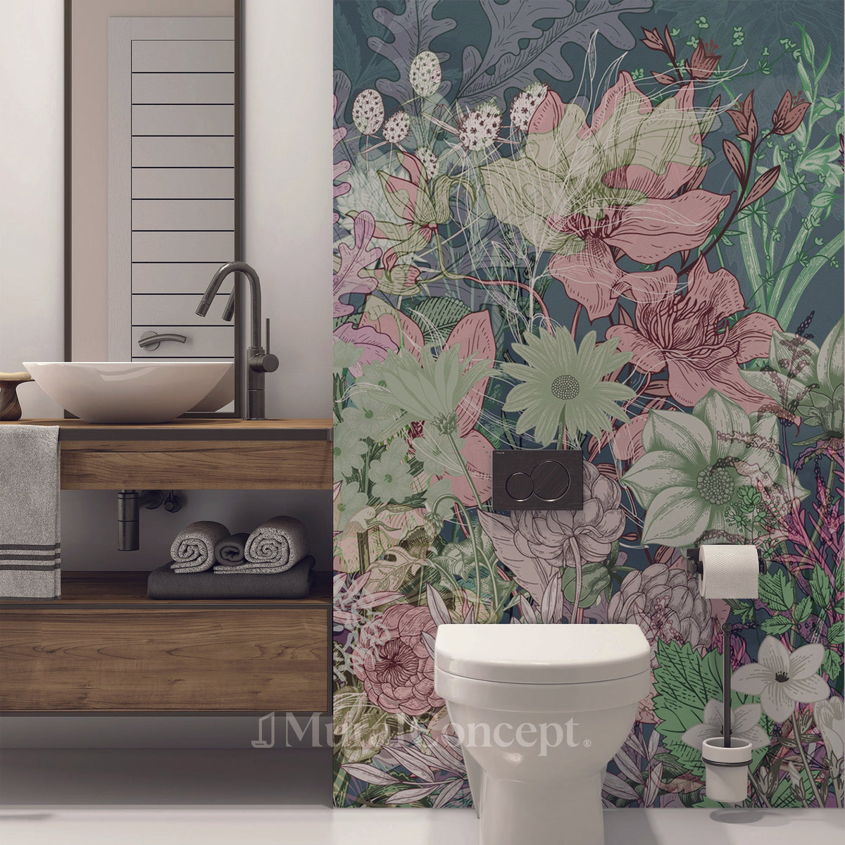 Papel pintado para baño con diseño de flores