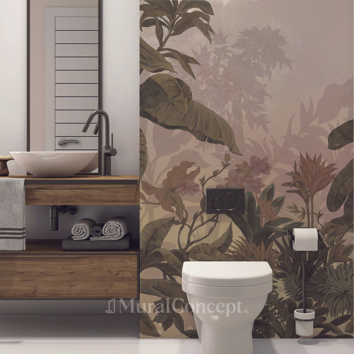 Papel pintado de baño con diseño de jungla, estilo sepia retro