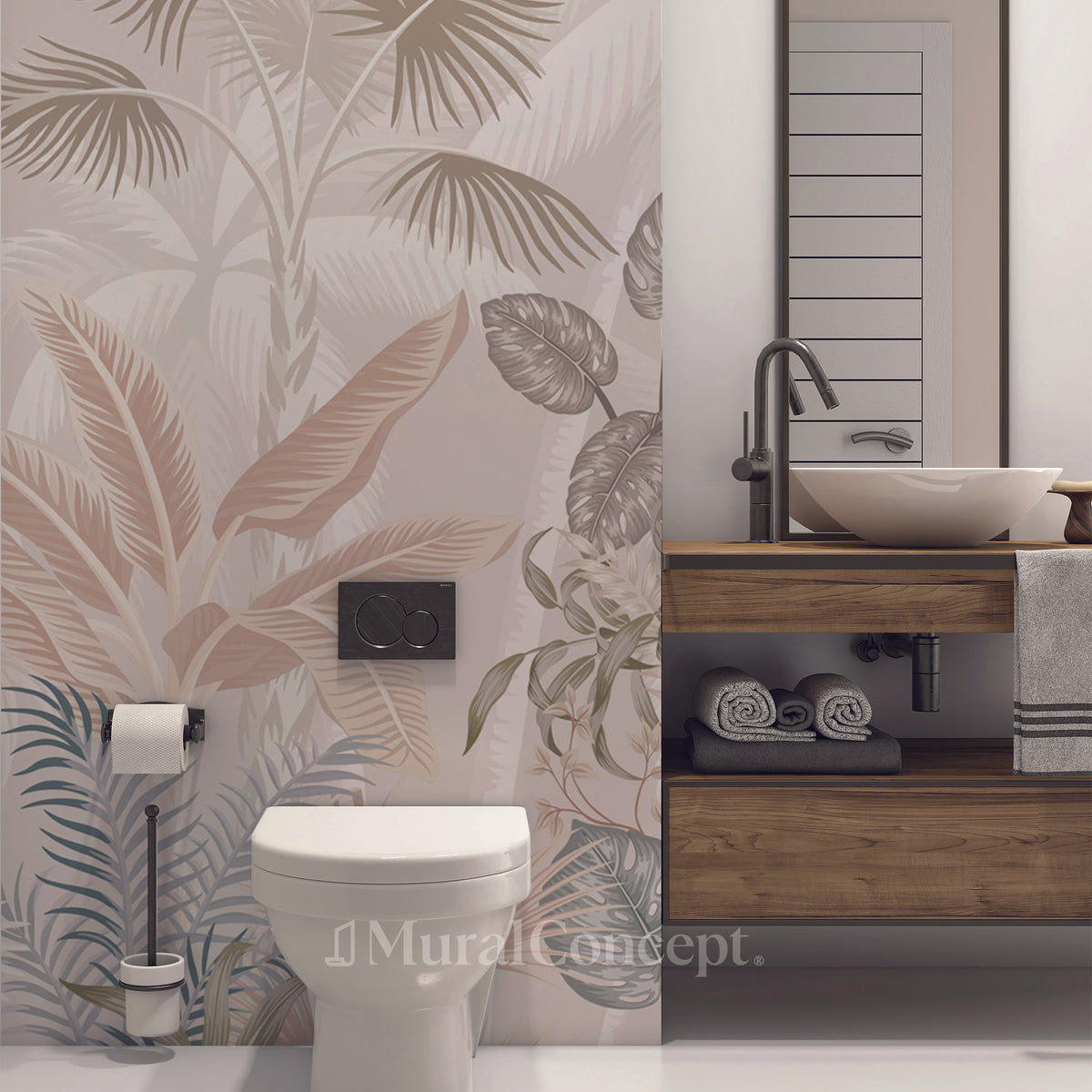 Papel pintado para baño en color terracota con efecto jungla