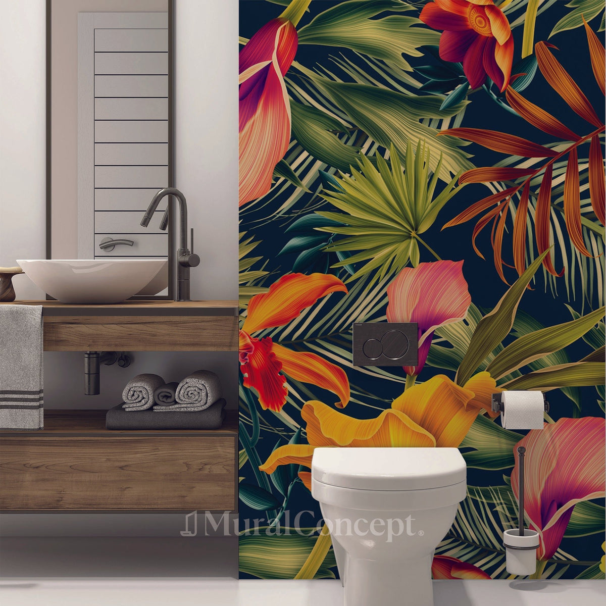 Papel pintado para baño con motivos tropicales de color naranja