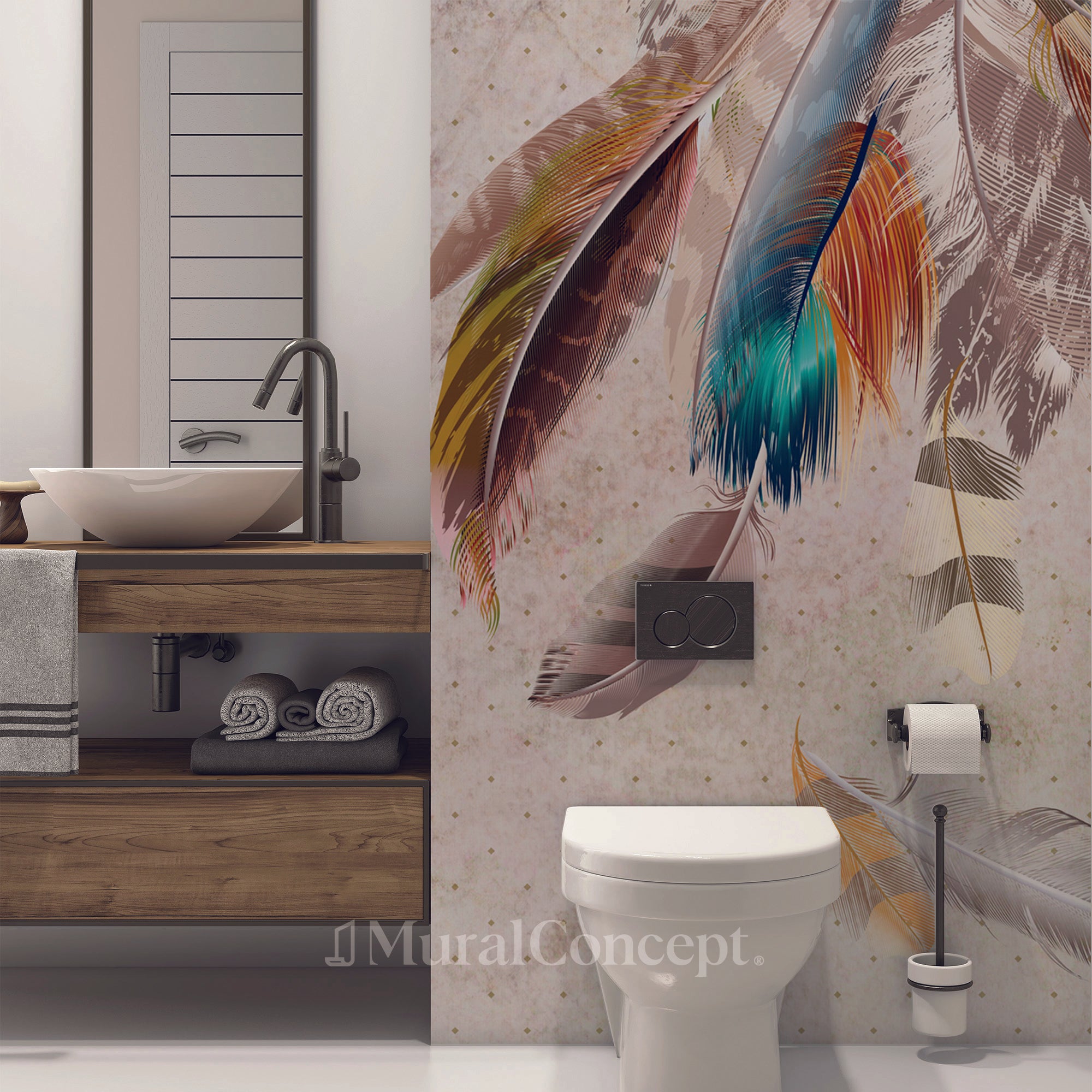 Papier peint toilette Plumes indiennes - panoramique sur mesure francais - muralconcept