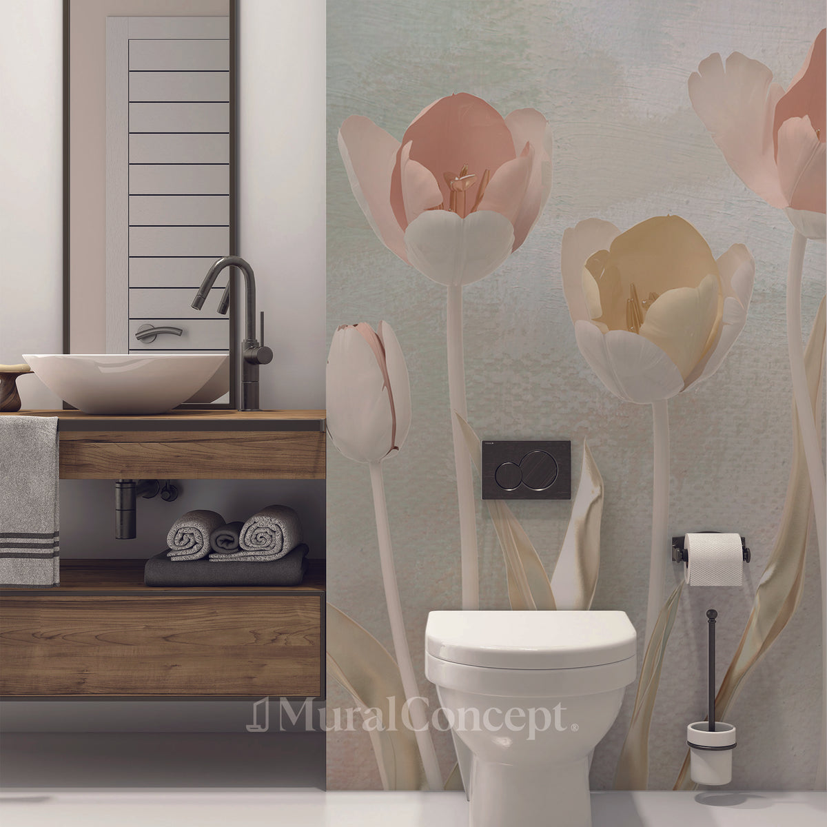 Papel pintado para baño en 3D con tulipanes