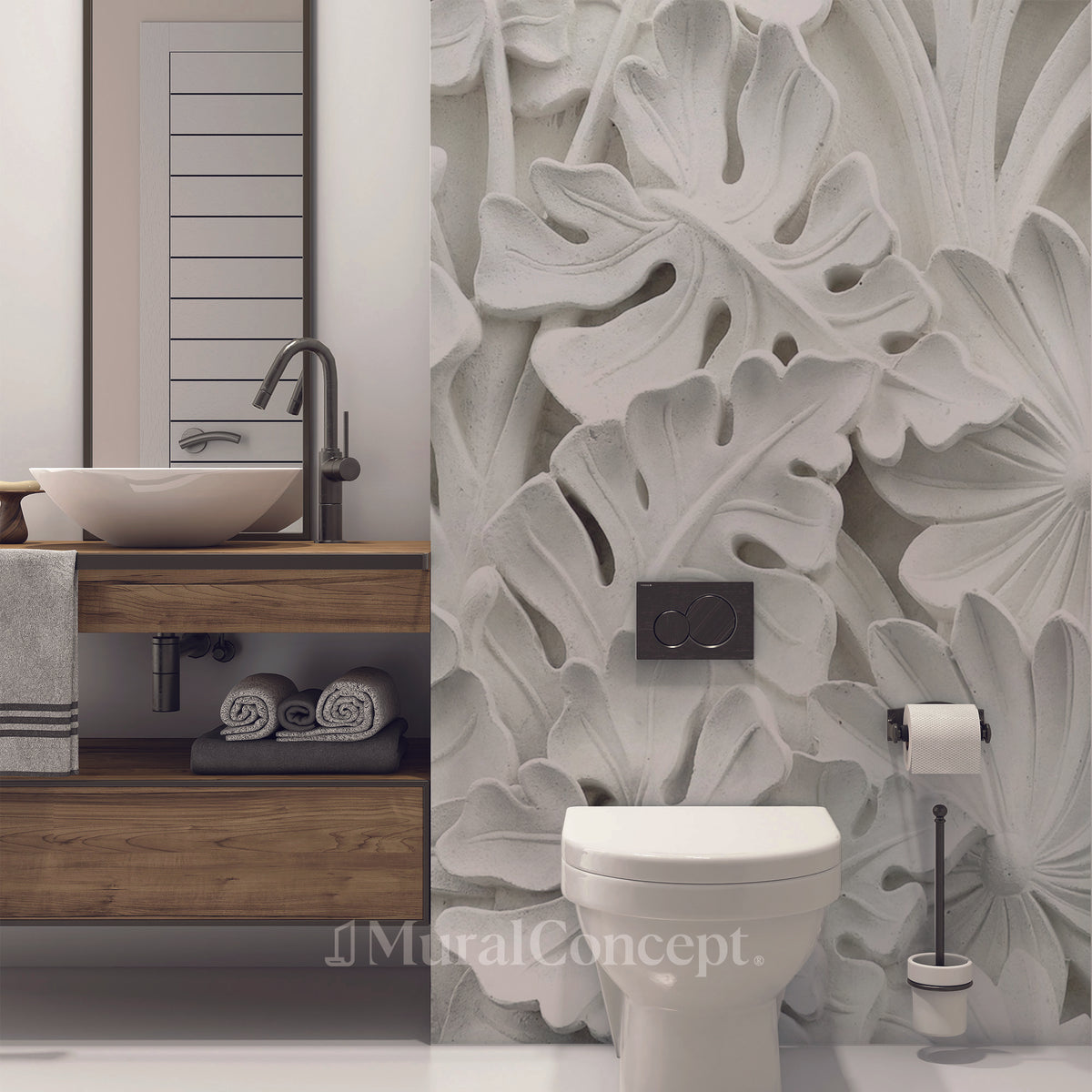 Papel pintado para baño con diseño de jardín blanco