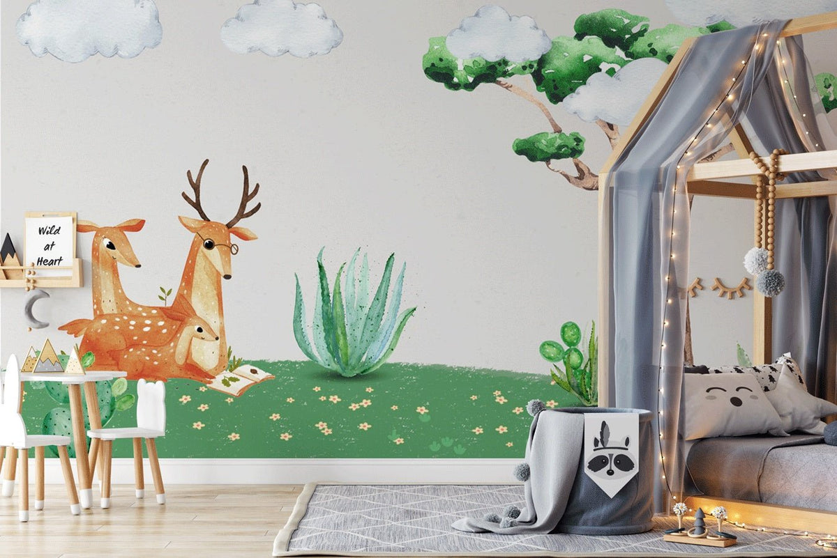 Papel pintado infantil Plantas y ciervos