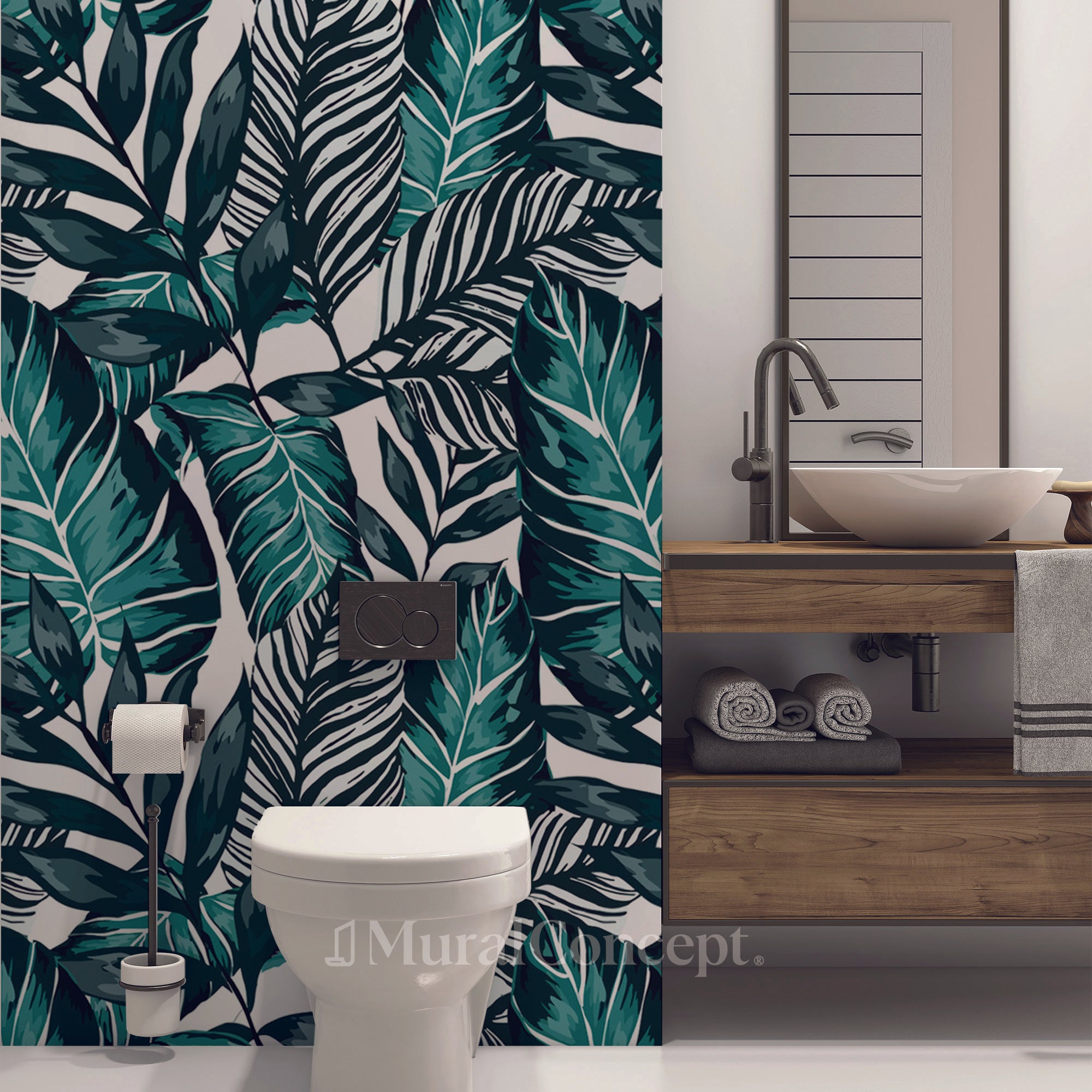 Papier peint wc intissé Feuille couleur Bleu Paon - panoramique sur mesure francais - muralconcept