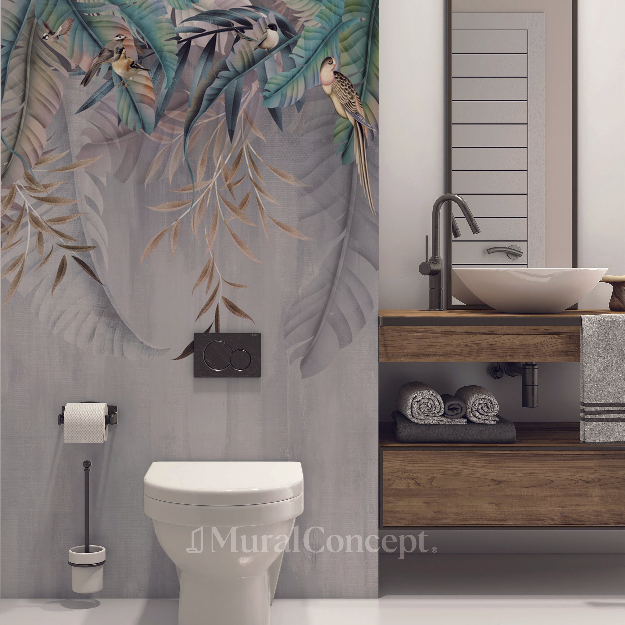 Papier peint wc Feuilles & Birds - panoramique sur mesure francais - muralconcept