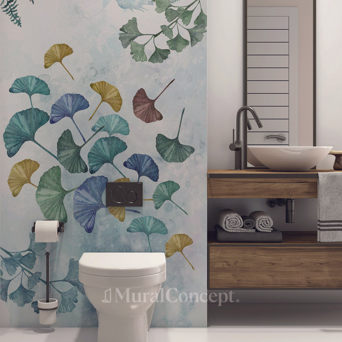 Papel pintado para baño con motivos japoneses de Ginkgo biloba